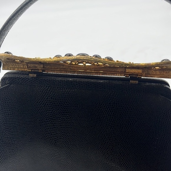 Vintage Black Gold Leather Snakeskin Metal Embellished Evening Bag After Five - Picture 9 of 15